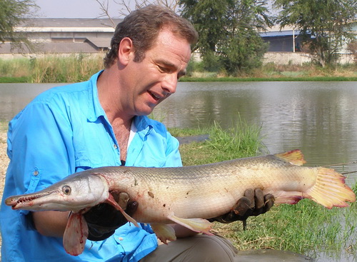 Robson Green with an alligator gar from IT Lake Monsters filming extreme fishing for channel five TV